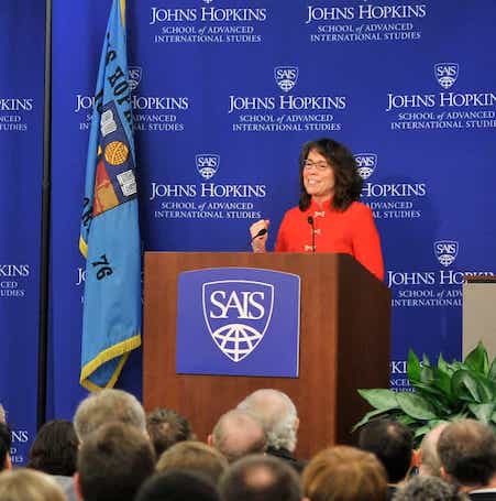 Johns Hopkins SAIS guest speaker at a podium  