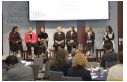 A 2018 Future Strategy Forum panel featured (l-r) Beverly Kirk, Captain Asha Castleberry, Shamila Chaudhary, Janne Nolan, Sara Plana, Rachel Tecott, and Tamara Cofman Wittes. This year's forum, The Future of Cooperation and Conflict in the Time of Covid-19, will be held virtually in June. Credits:Photo: CSIS