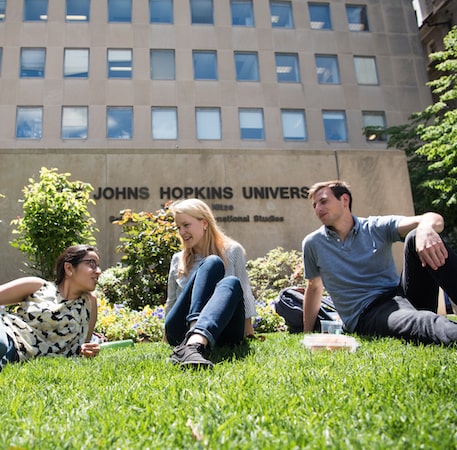 Johns Hopkins SAIS students sitting on the front lawn of the Nitze Building