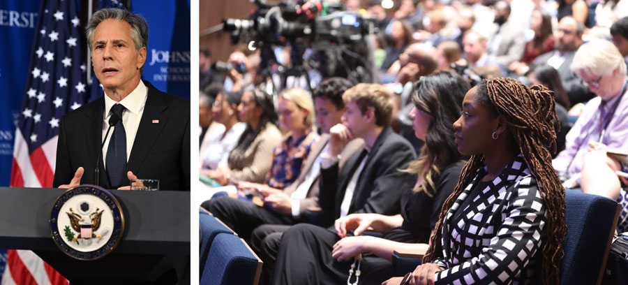 Esther and other SAIS students sat just rows away from U.S. Secretary of State Antony Blinken during his remarks on Sept. 13, 2023.