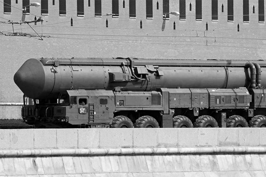 Topol-M, a Russian intercontinental ballistic missile, on display during a military parade