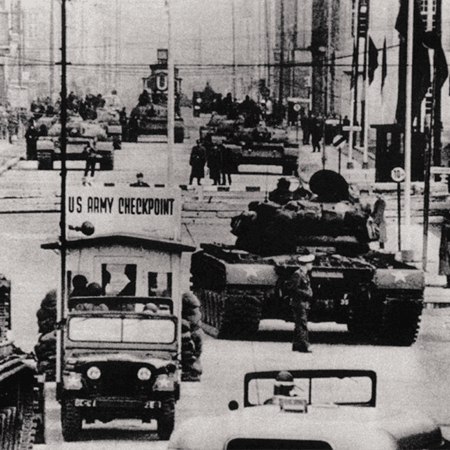 Black and white image of tanks in Berlin, 1950s.