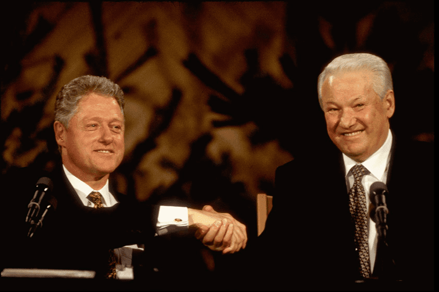 President Bill Clinton and President Boris Yeltsin shaking hands