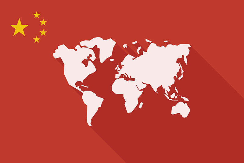 Chinese flag on a world map