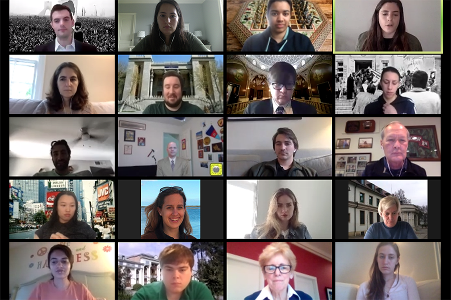 a screenshot of a zoom call with students and faculty 